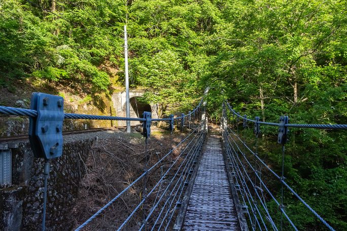 井川線を山手に眺めつつ遊歩道の吊橋を渡る