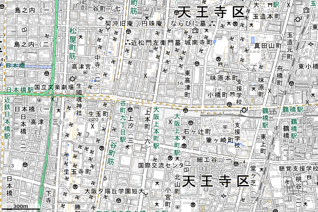 地形図・色別標高図：大阪上本町駅付近