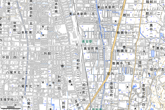 地形図：高安駅付近