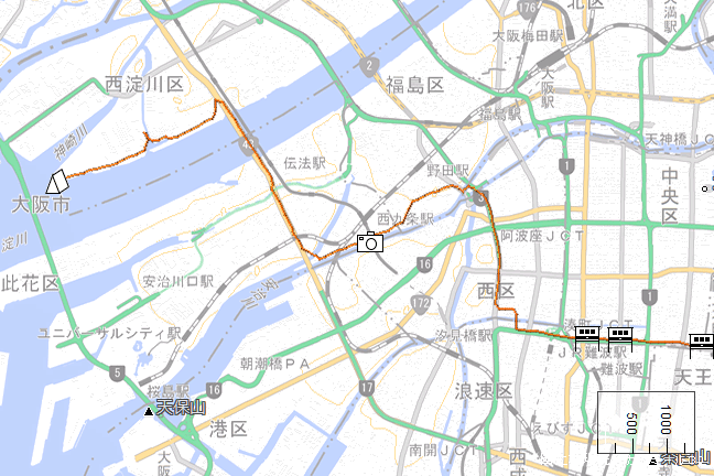ルート図：矢倉緑地公園～大阪難波間