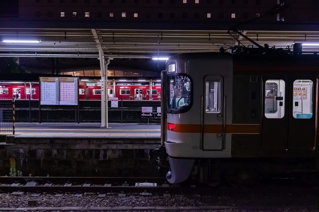 赤坂支線の普通列車と養老鉄道の車両を見やる