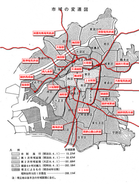 説明図：大軌創業当時の大阪市周辺鉄道路線と市域の概念図