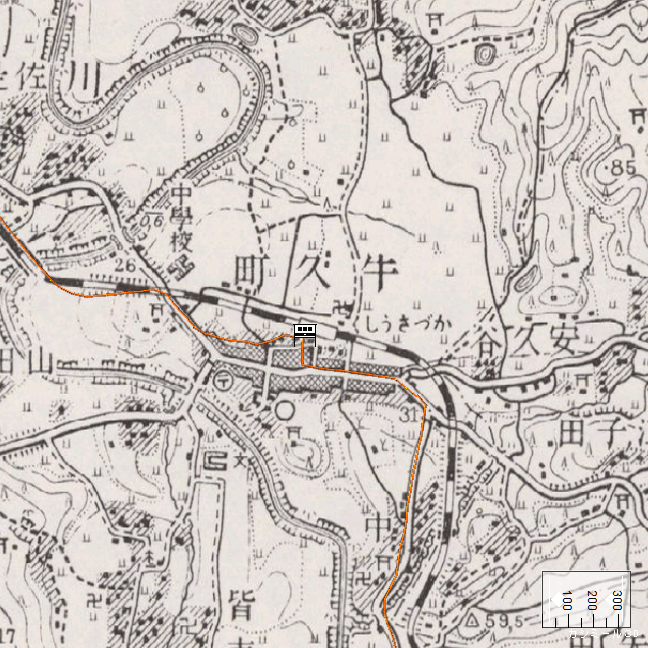 旧版地形図：上総牛久駅周辺（1941年10月発行）旧版空撮画像：上総牛久駅周辺（1961年10月17日）