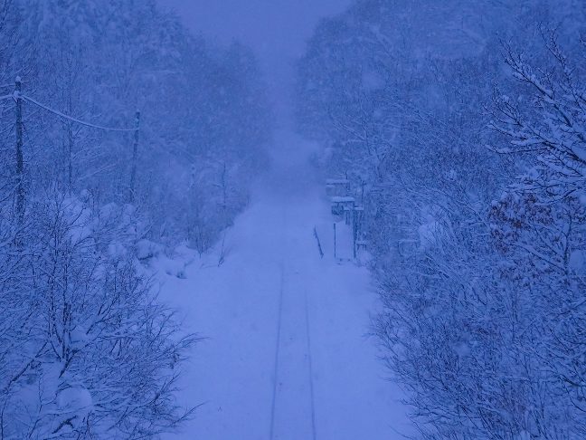 吹雪の中にひっそりと佇む豊ヶ岡駅の孤影