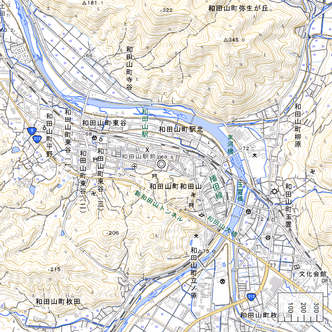 参考地形図：和田山と丸山川湾曲点