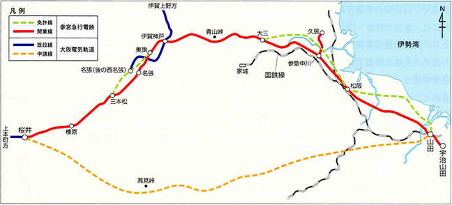 引用図：桜井・宇治山田間の路線図「近畿日本鉄道　100年のあゆみ（近畿日本鉄道・2010年）」