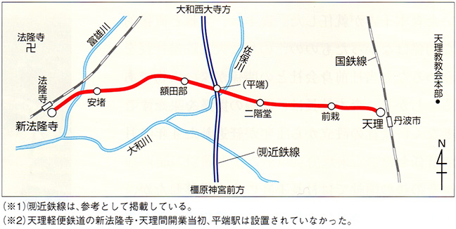 引用図：天理軽便鉄道の路線図（大正4年）「近畿日本鉄道　100年のあゆみ（近畿日本鉄道・2010年）」