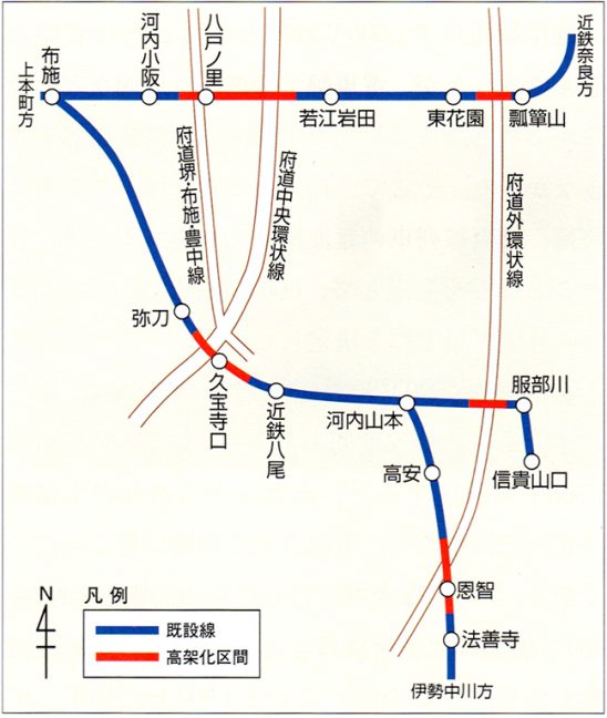 引用図：奈良線・大阪線線路高架化区間（昭和45年）「近畿日本鉄道　100年のあゆみ（近畿日本鉄道・2010年）」