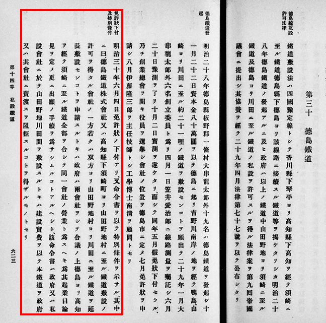 引用図：「徳島鉄道・免許状下付及特別条件（日本鉄道史 中巻・鉄道省・1921年）」