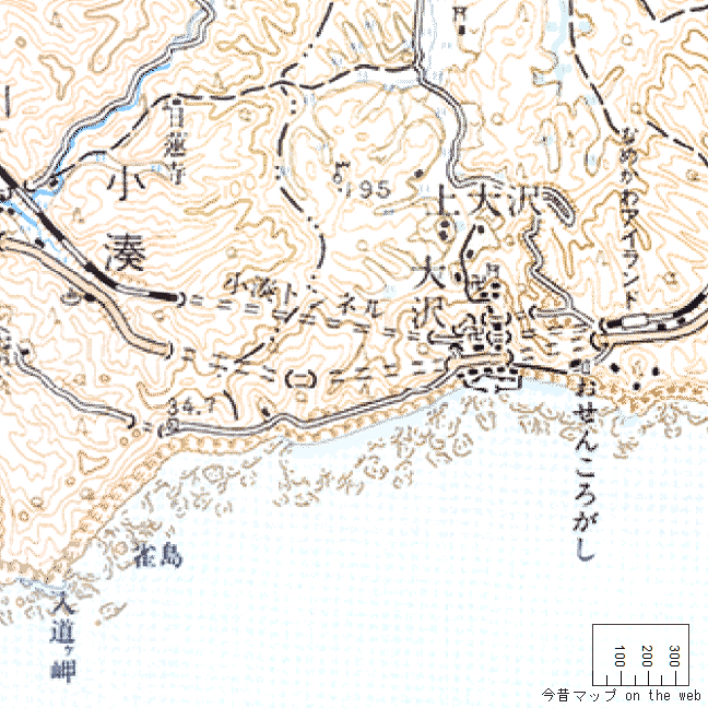 旧版地形図：おせんころがし周辺（1982年2月発行）　ルート図：おせんころがし周辺（2022年9月現在）