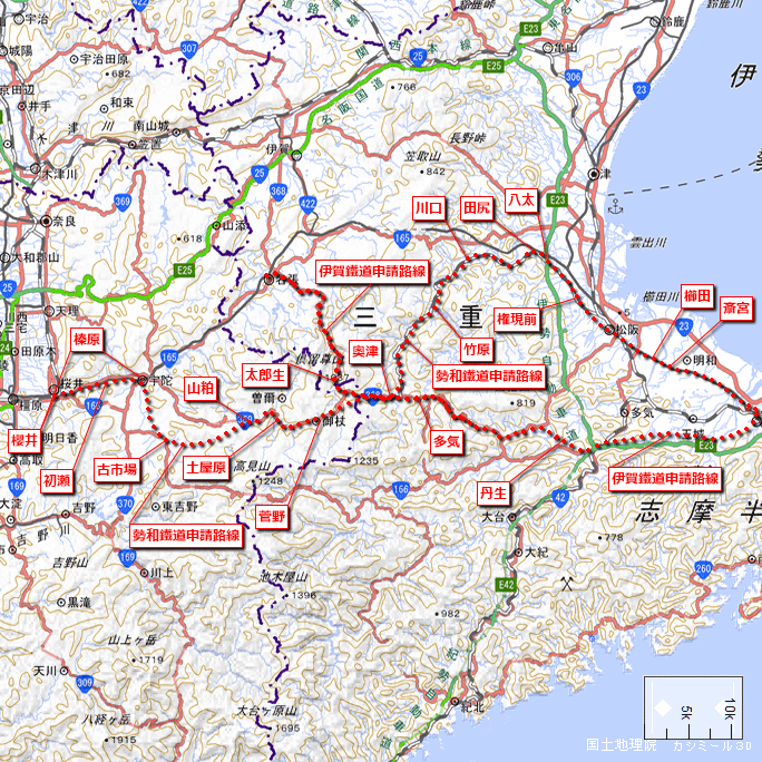 参考地形図：伊賀鐵道・勢和鐵道の申請概略図