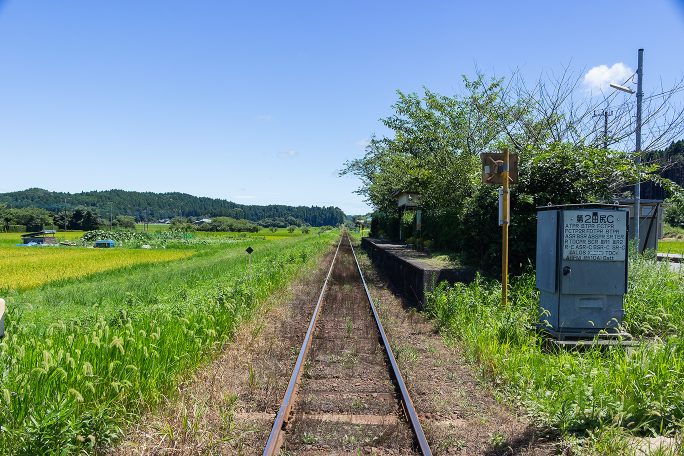 田園の中に伸びる直線区間が印象的な新田野駅