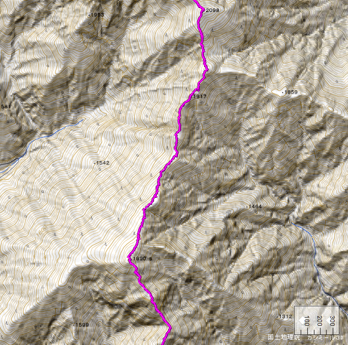 地形図：大無間山登山ルート（三ツ合山～風不入）