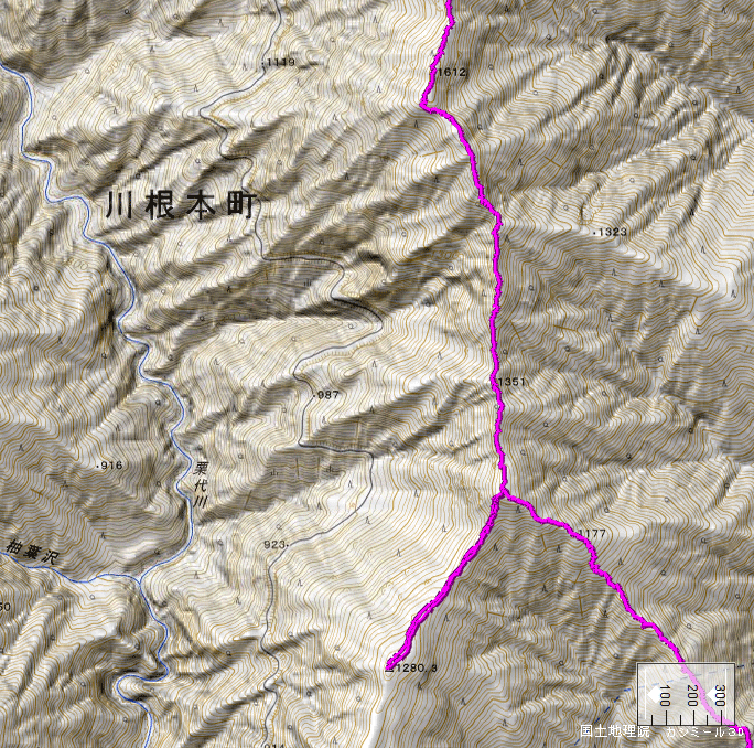 地形図：大無間山登山ルート（黒枯山～大小屋戸山）