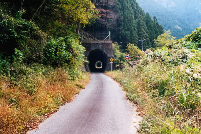 水没した旧線跡を転用した車道に残る夏焼第一・第二隧道