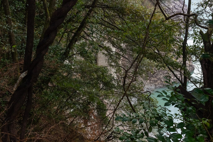 よく見ると崖下に飯田線旧線の松沢橋梁の橋脚が見えていた