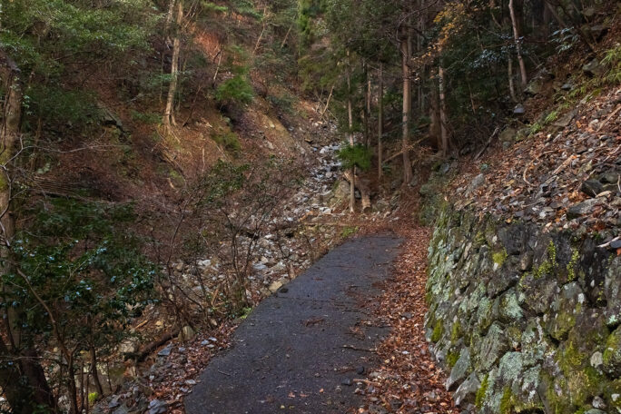 石垣と簡易舗装で守られた小道が小沢を跨いで続いている