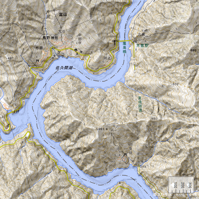 地形図：大嵐駅～夏焼集落周辺（2023年7月） 旧版地形図：大嵐集落～夏焼集落周辺（1936年4月）