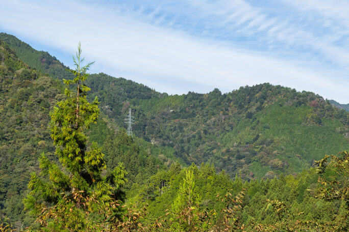 送電線の向こうに見ゆるは長野県上平集落付近の山並み