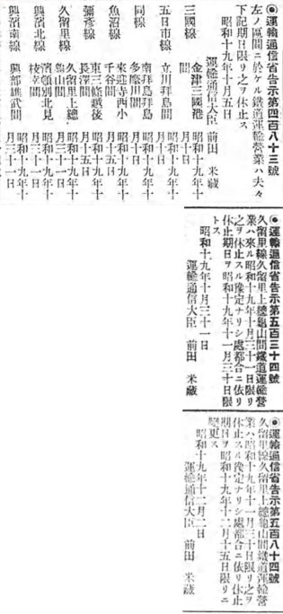 引用図：「運輸通信省告示第483号・534号・584（官報第5319号(1944年10月5日)・5340号(同年10月31日)・5366号(同年12月2日)）」