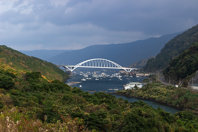 大正溶岩で陸続きになった早崎から牛根の入江を見下ろす