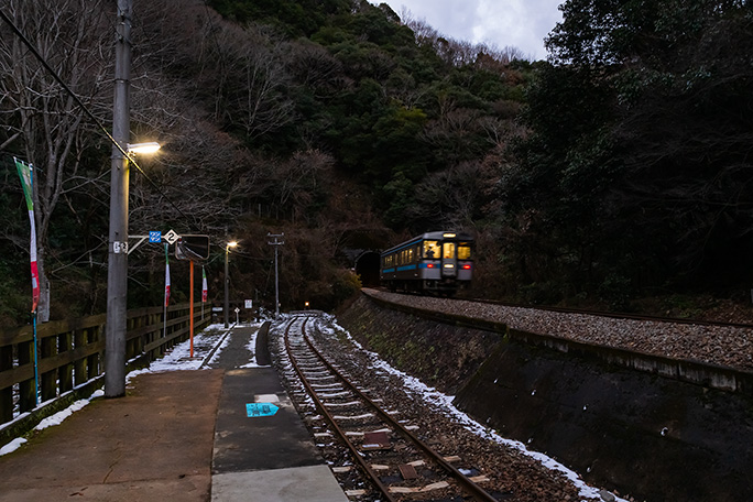 テールライトの軌跡を残して坪尻トンネルに消えていく普通列車を見送る