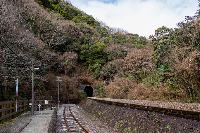 ホームの末端部から坪尻トンネルに向かう本線を眺めると結構な勾配差がある