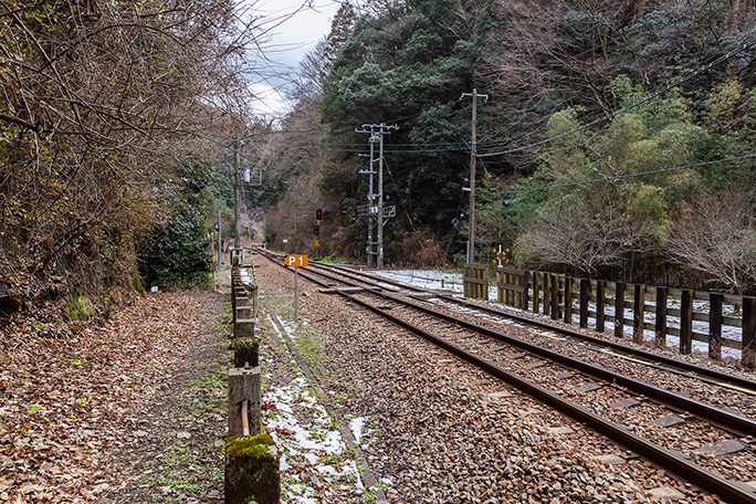 込野道側から眺めた坪尻駅構内と構内踏切