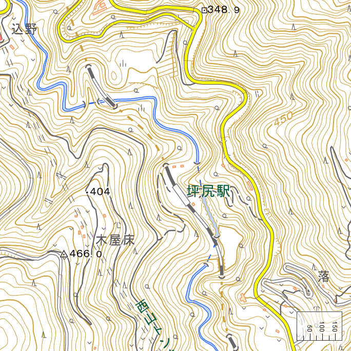 詳細地形図：坪尻駅周辺木屋床・落集落付近（2024年10月22日）