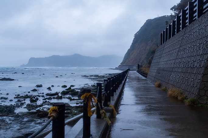 鯛の浦の歩道末端から雨に霞む対岸の松ヶ鼻方面を遠望する