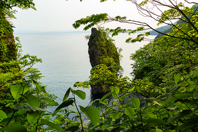草付きの悪い斜面の向こうにオアラピヌイの立岩が見えてきた