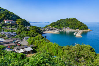 雲仙鉄道・木津の浜駅跡付近から眺める木津漁港(長崎県:2025年8月)