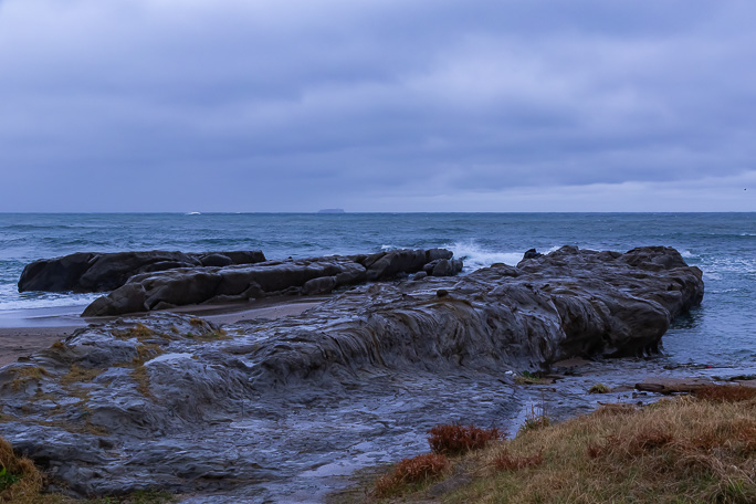 布良海岸の沖合には島のように見える貨物船が航行していた
