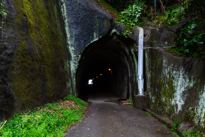 素掘り時代の面影を残したトンネルを越えて海岸集落に向かう