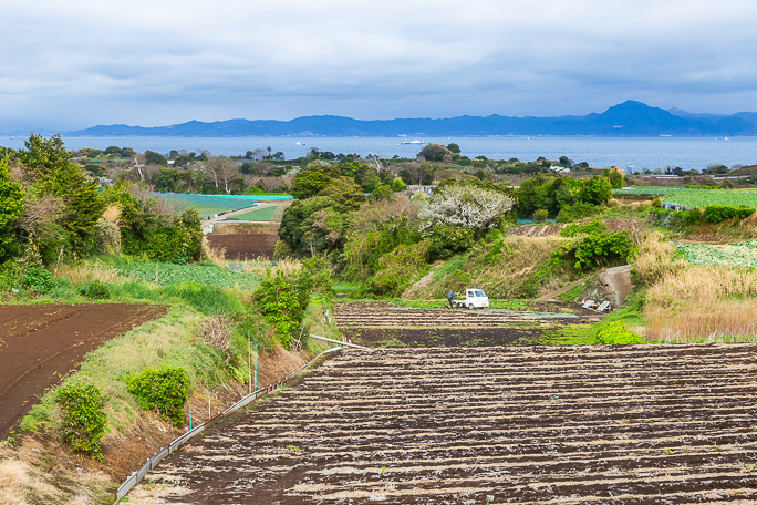 特徴的な隆起台地に広がる農地の中を剱崎に向かって走り進める