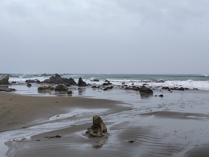 砂浜に岩礁が散らばる様が特徴的な江見海岸