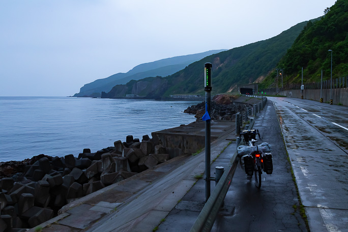 雨で薄暗いので自動点灯のテールライトが点滅していた