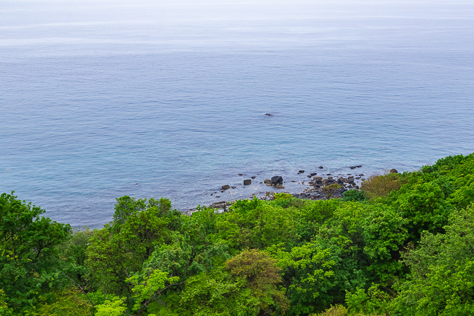 国道から遥かに見下ろす崖下の海岸沿いに歩古丹小学校跡が辛うじて見えていた