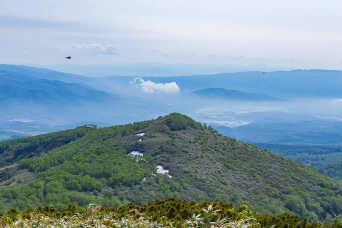 南西尾根を見晴るかすと前景のモイワ山山頂の向こうに尻別川が煌めいていた