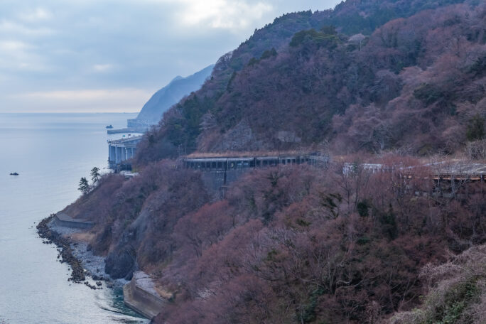 えちごトキめき鉄道日本海ひすいライン・親不知駅付近・旧親不知隧道付近から望む親不知海岸（新潟県：2026年3月）