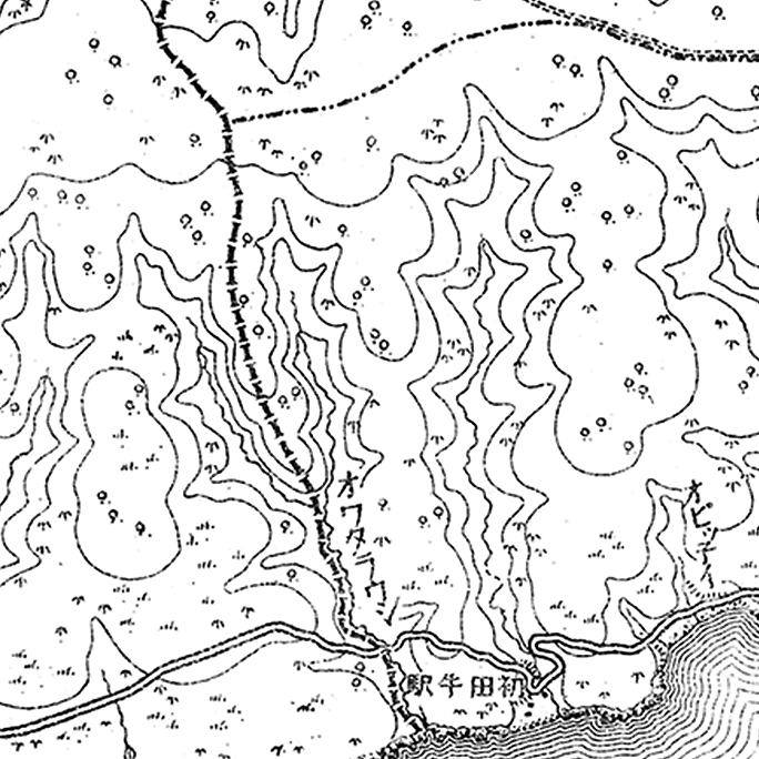 旧版広域地形図：初田牛駅周辺（1897年測量）